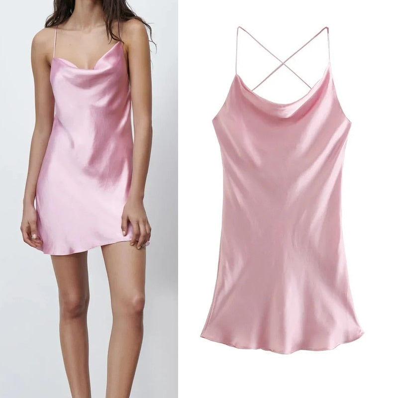 Summer Za Women Dress 2021 Pink Satin Spaghetti Strap Dresses Woman Sexy Backless Mini Party Dresses Ladies Sleeveless Dress