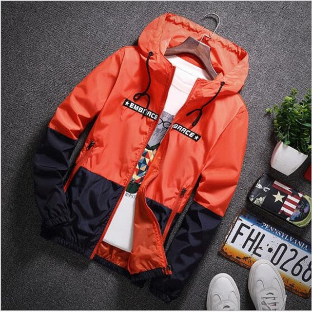 Spring Autumn Bomber Hooded Jacket Men Casual Slim Patchwork Windbreaker Jacket Male Outwear Zipper Thin Coat Brand Clothing