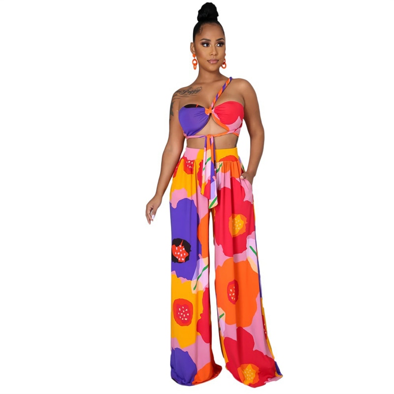 Dashiki Women African Clothes for Women Floral Printing Long Dress New Casual Elegant Tube Top Pants V-Neck Women's 2-Piece Su