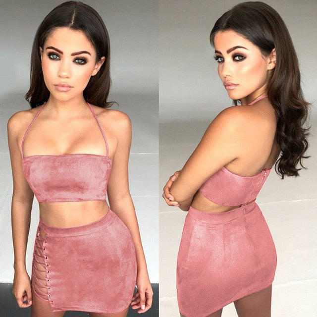 Bandage Summer Skirt Clothes Sets Halter Crop Tops +Lace Up Bandage Hot Skirts 2 Piece Summer Party Club Wear