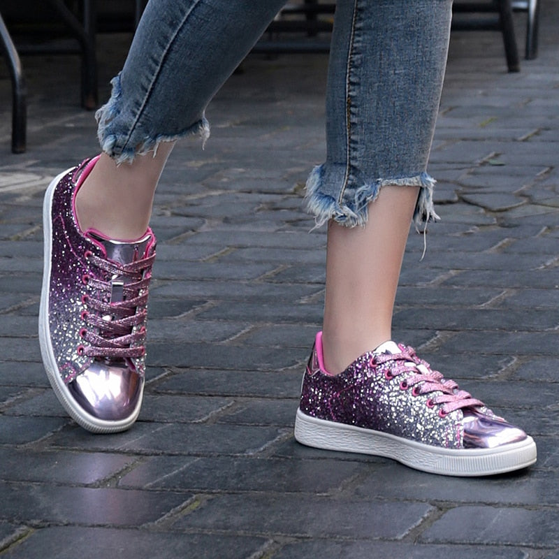 Spring Women Sneakers Casual Flat lace-Up Bling Glitter Shining Green Beautiful Vulcanized Shoes Woman