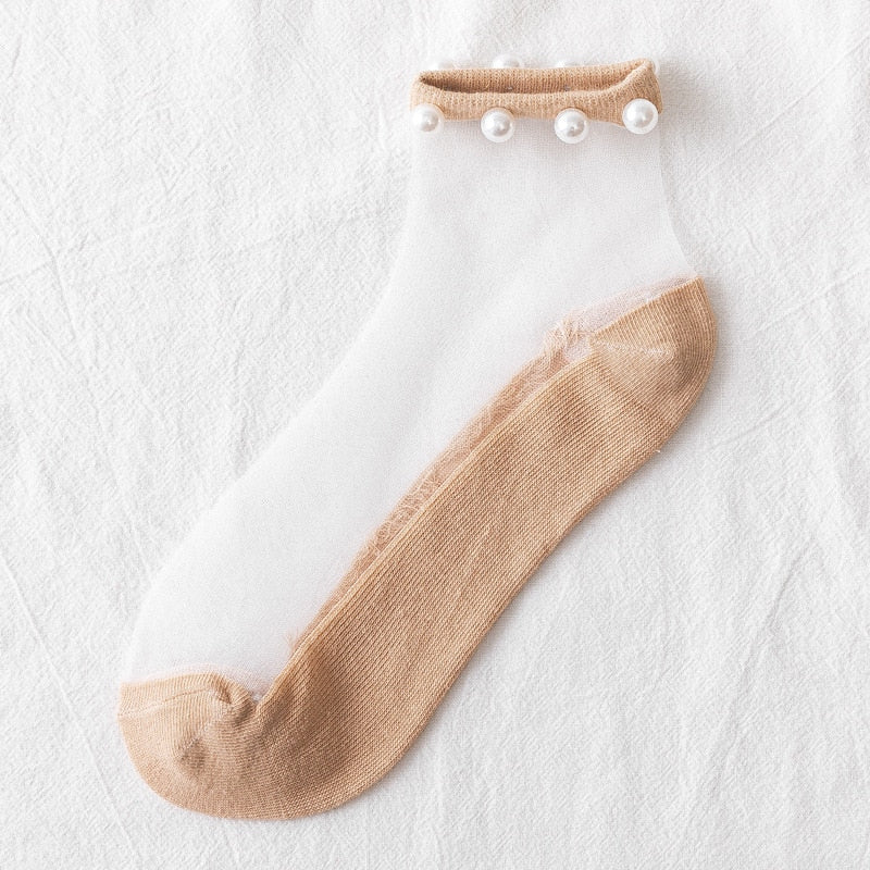 1 Pair of Summer Thin Pearl Transparent Glass Fiber Women's Socks Popular in Spring and Summer Korean Cotton Women's Socks