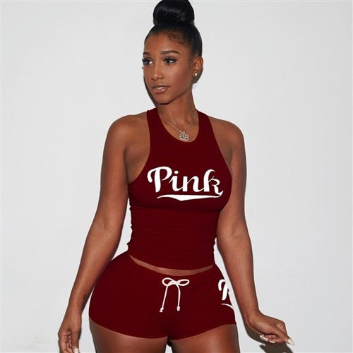 Letters Print Tank Top Shorts Two Piece Set Round Neck Sexy Sleeveless Women Outfits Summer Sporting 2 Piece Set