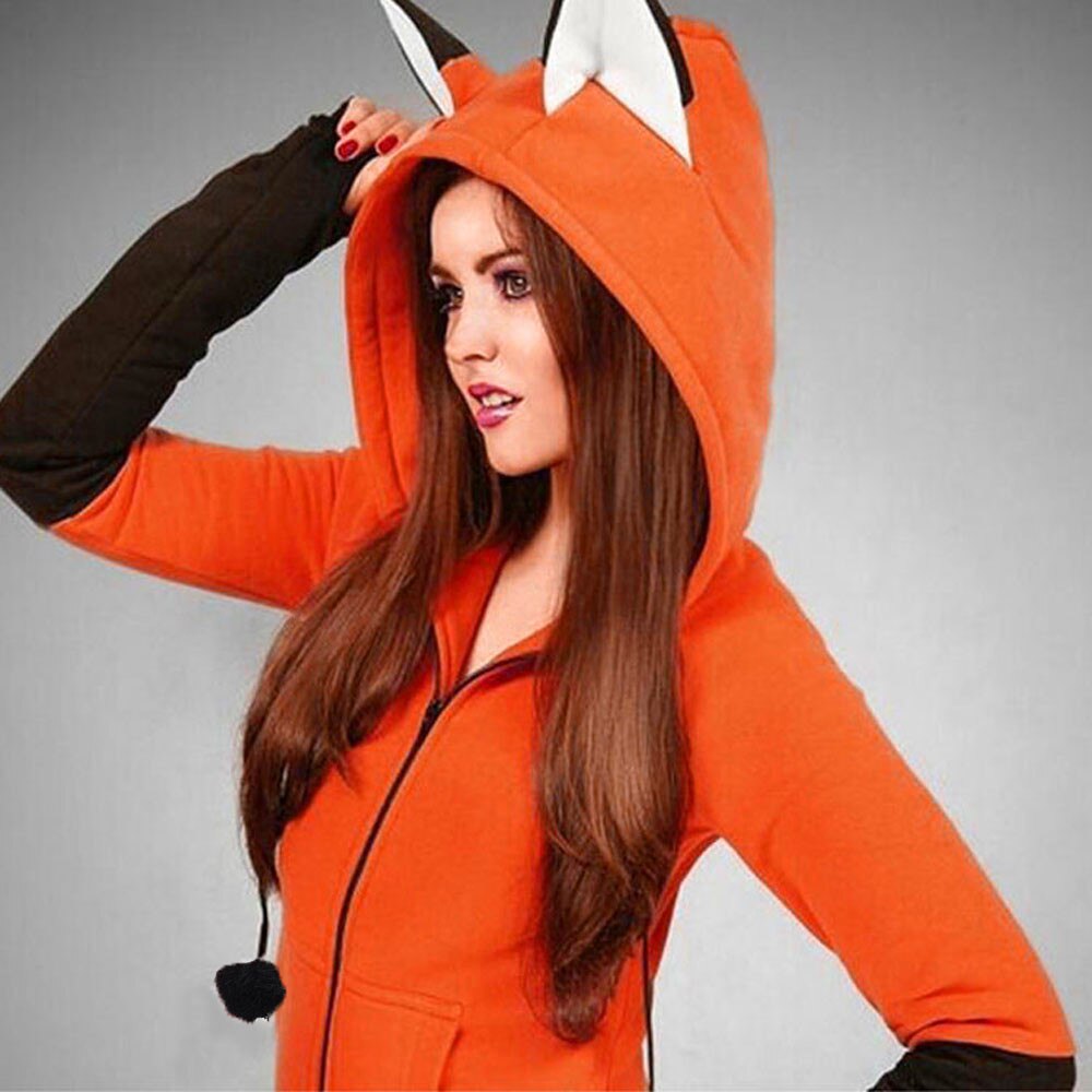 Autumn sweatshirt Women Thumb Sleeve Fox Ears Patchwork Hoodies Kawaii zipper Tracksuit casual Hooded Female coat