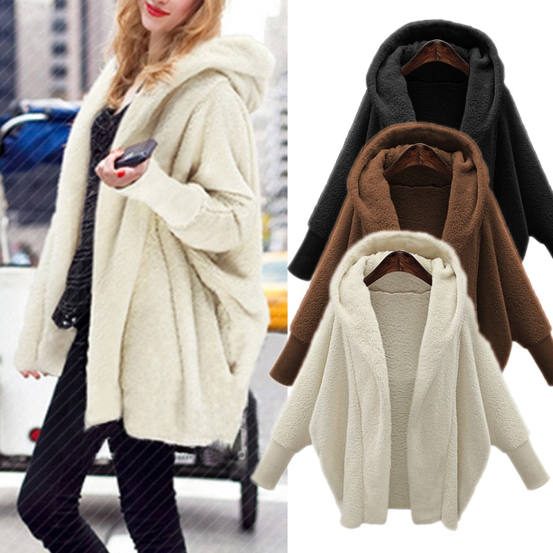 Winter Warm Women Faux Fur Coat Soft Hoodies Fur Jacket Female Lantern Sleeve Overcoat Loose Casual Outerwear Plus Size