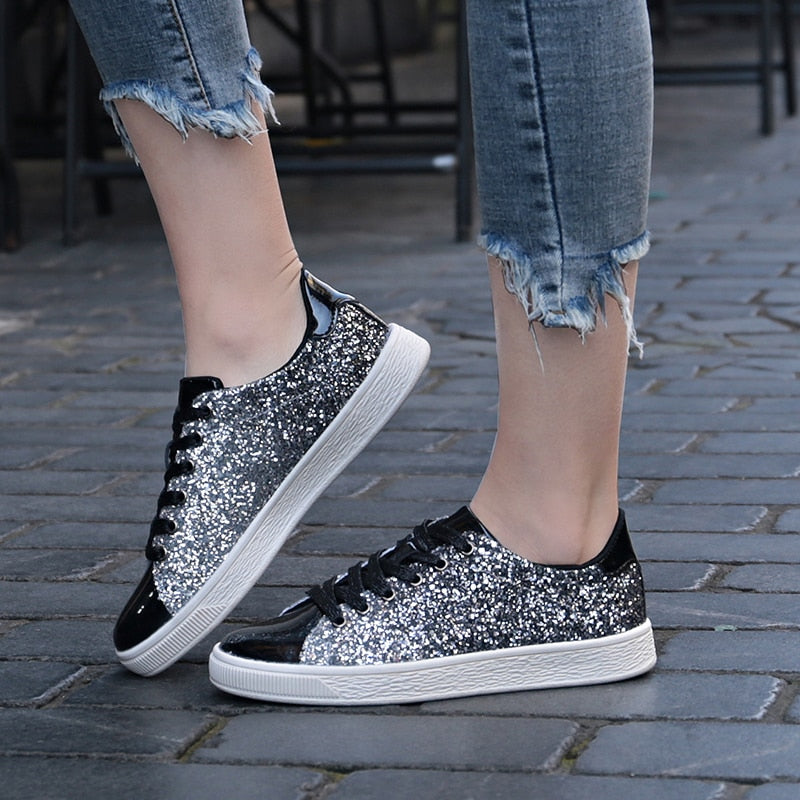 Spring Women Sneakers Casual Flat lace-Up Bling Glitter Shining Green Beautiful Vulcanized Shoes Woman