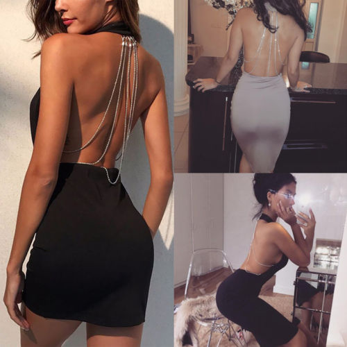 Sexy Women Dresses Summer Backless Deep V Rhinestone Bodycon Sleeveless Halter Party Club Mini Dress