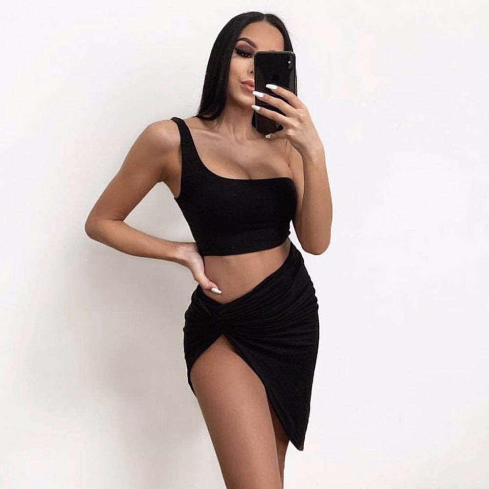 Women Summer One Shoulder Dress Sexy Umbilical Folds Stitching two Piece Dress Short Beach set