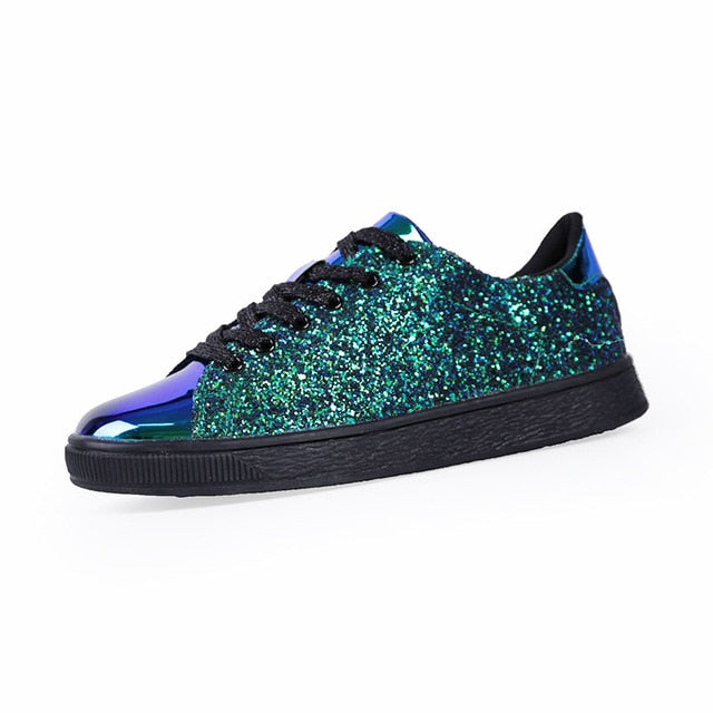 Spring Women Sneakers Casual Flat lace-Up Bling Glitter Shining Green Beautiful Vulcanized Shoes Woman