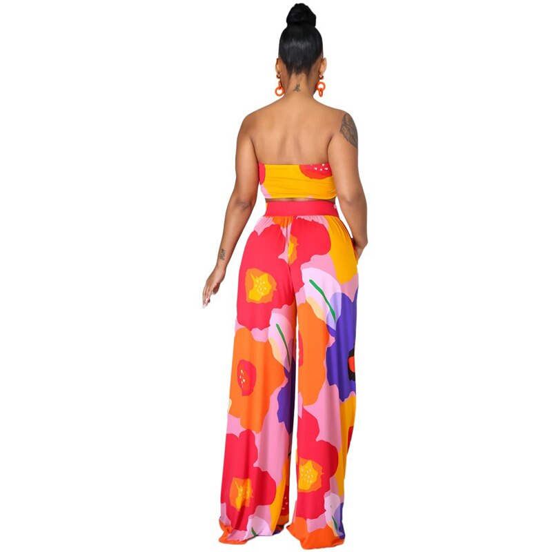 Dashiki Women African Clothes for Women Floral Printing Long Dress New Casual Elegant Tube Top Pants V-Neck Women's 2-Piece Su