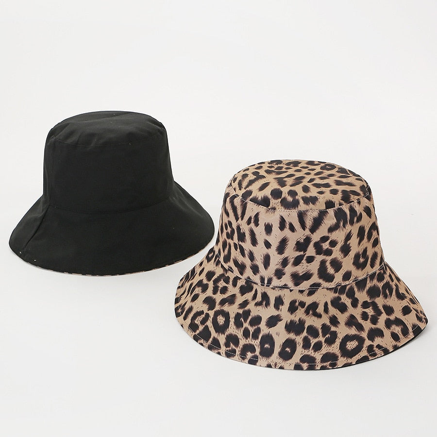 2021 Two Side Leopard Black Bucket Hat For Women Men Reversible Panama Sun Hat Summer Ladies Beach Sun Protection Fisherman Hats