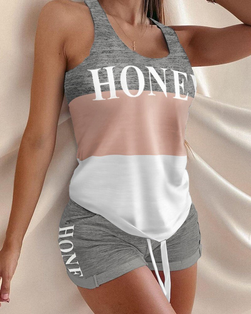 Summer Two Piece Set Women Tracksuit Home Clothes Patchwork Letter Print Tank Top Shorts Sweat Suits Casual Women's Sets Outfits