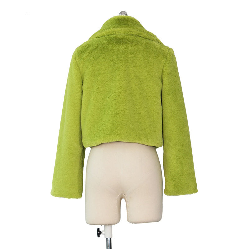 Lime Green Short Faux Fur Coat Winter Neon Fluorescent Warm Cardigan Cropped Jacket Fluffy Teddy Coats