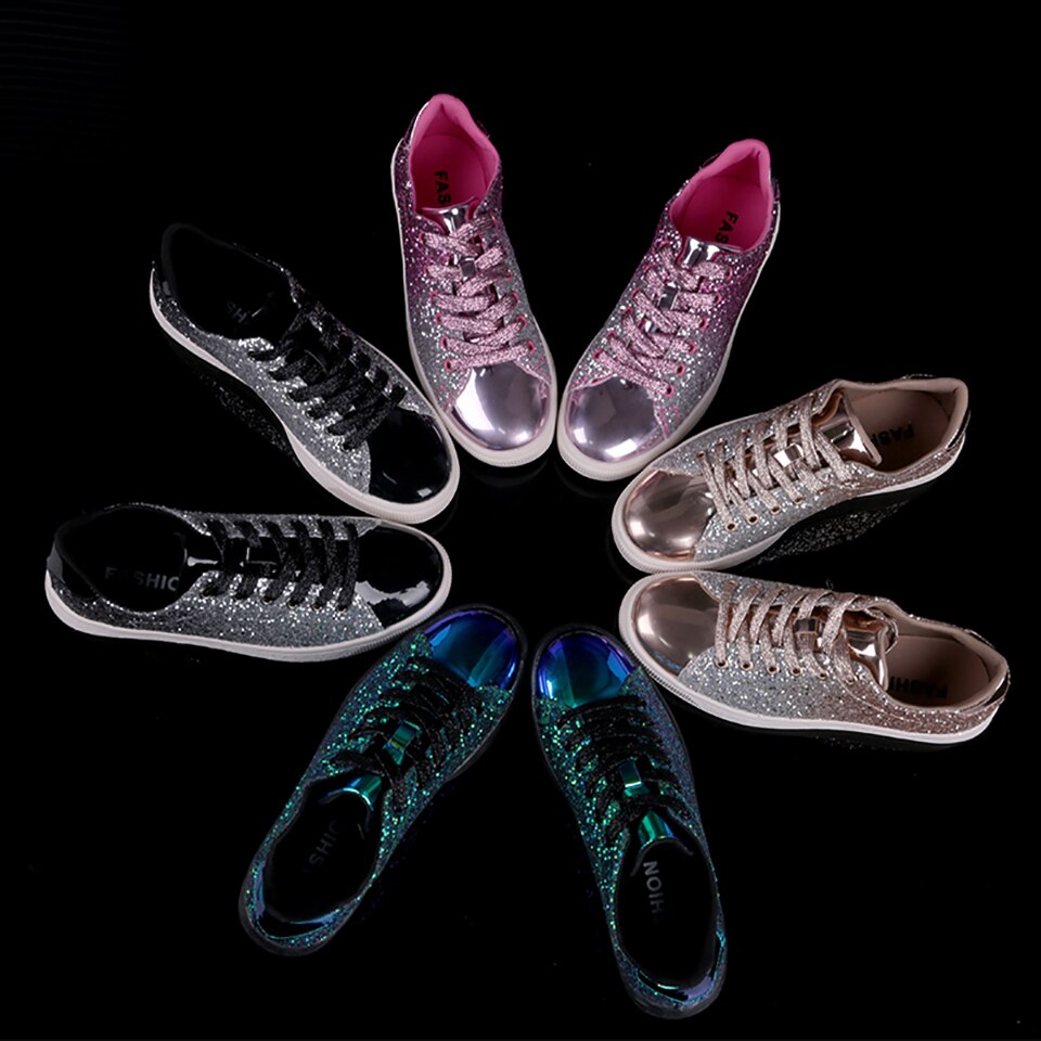 Spring Women Sneakers Casual Flat lace-Up Bling Glitter Shining Green Beautiful Vulcanized Shoes Woman