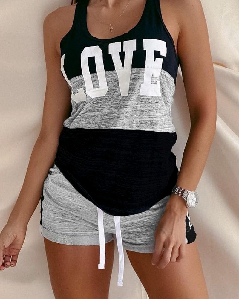 Summer Two Piece Set Women Tracksuit Home Clothes Patchwork Letter Print Tank Top Shorts Sweat Suits Casual Women's Sets Outfits