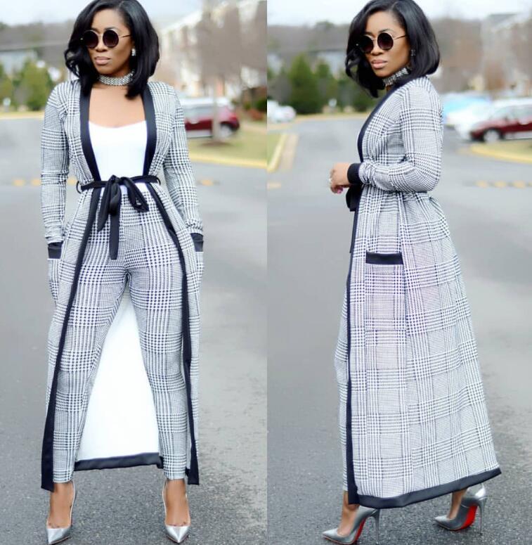 Striped Wide-Legged Pants with Long Coat 3 Piece Bazin Suit Big Elastic For Lady