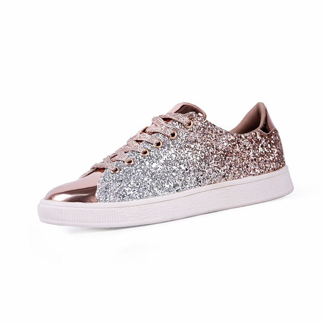 Spring Women Sneakers Casual Flat lace-Up Bling Glitter Shining Green Beautiful Vulcanized Shoes Woman