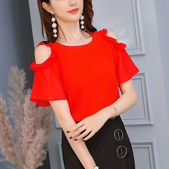 Summer Ladies Causal Off Shoulder Ruffles Shirts Women's Black/White Chiffon Blouses Women O-neck Short Sleeve Solid Tops