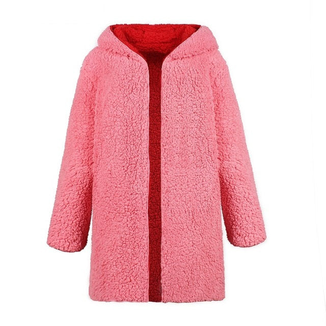 Hooded teddy jacket pink fur coat women Plus size lambswool long winter coat Hairly faux fur jacket female overcoat