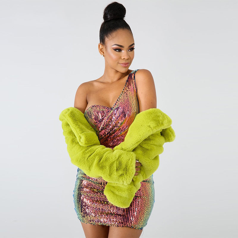 Lime Green Short Faux Fur Coat Winter Neon Fluorescent Warm Cardigan Cropped Jacket Fluffy Teddy Coats