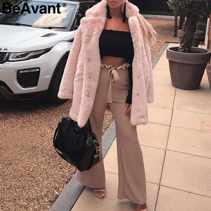 Elegant long faux fur coat Women 2018 Autumn winter warm soft pink fur coat Female casual luxury plush coat outwear