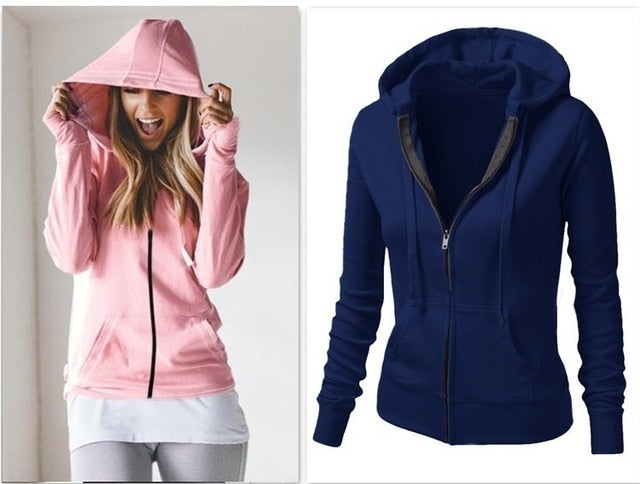 Women's Classic Hoodies Jackets Spring Autumn Zipper Hoody Sweatshirts Jacket Solid Slim Fit Hoodie