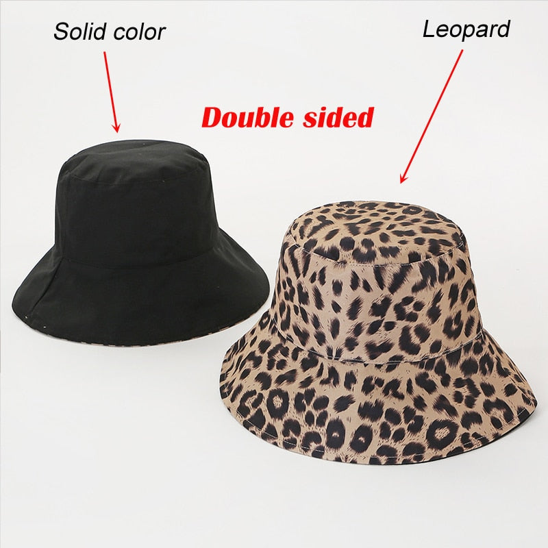 2021 Two Side Leopard Black Bucket Hat For Women Men Reversible Panama Sun Hat Summer Ladies Beach Sun Protection Fisherman Hats