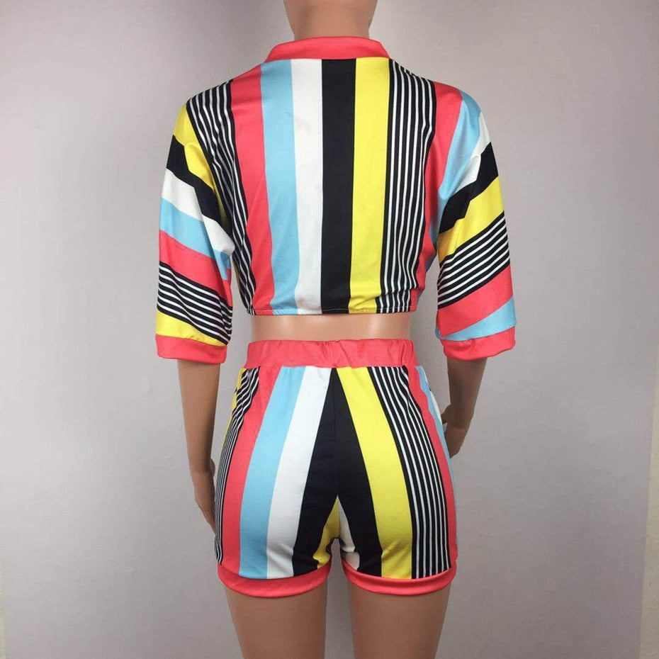 Sexy 2 Piece Set Women Stripe Tops+Bodycon Shorts Suit Casual Summer Outfits Plus Size