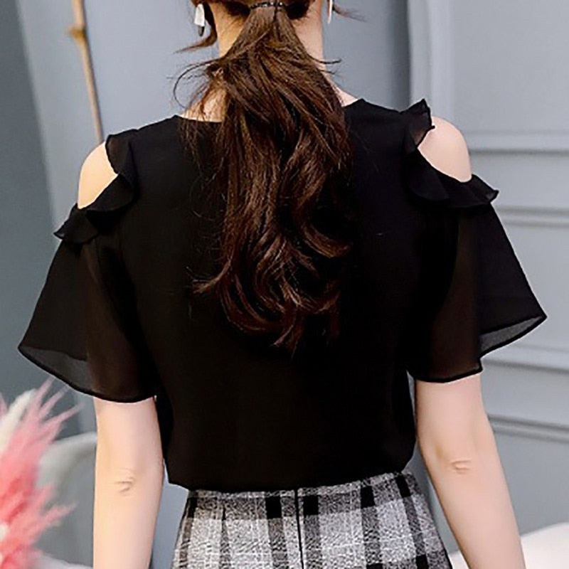 Summer Ladies Causal Off Shoulder Ruffles Shirts Women's Black/White Chiffon Blouses Women O-neck Short Sleeve Solid Tops