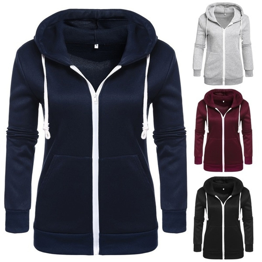 Women's Classic Hoodies Jackets Spring Autumn Zipper Hoody Sweatshirts Jacket Solid Slim Fit Hoodie