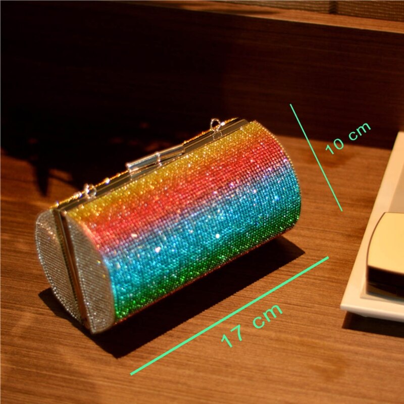 Rainbow Rhinestone Purse Evening Bags for Women Luxury Party Handbag for Wedding Clutch Bag Diamond Cylinder Shoulder Bag