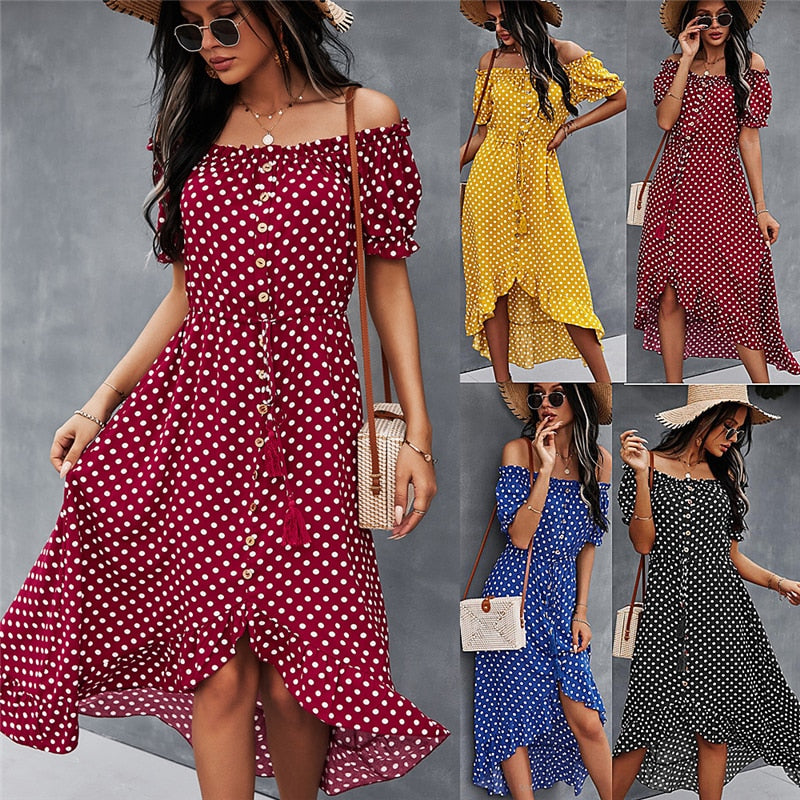 Ladies Vintage Maxi Polka Dot Print Summer Dress Women Casual Off Shoulder Sexy Button Long Women Beach Dress