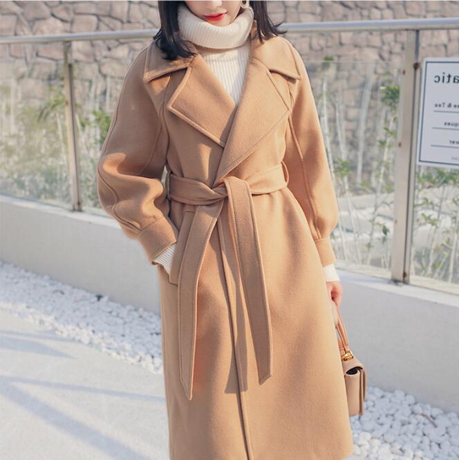 Plus size loose warm wool blends long winter coat turn-down collar adjustable belt wool coats women office work wear elegant