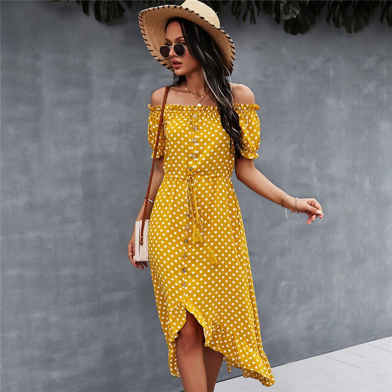 Ladies Vintage Maxi Polka Dot Print Summer Dress Women Casual Off Shoulder Sexy Button Long Women Beach Dress