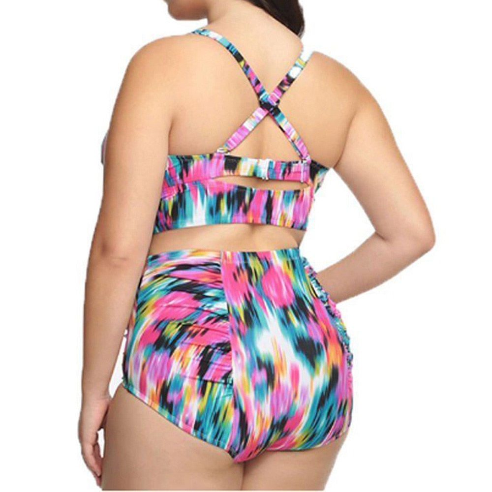 Plus Size high waist women bikini suit 2 piece suit Large size Flower print Beach Bikini Set Padded chest Top swim pool wear