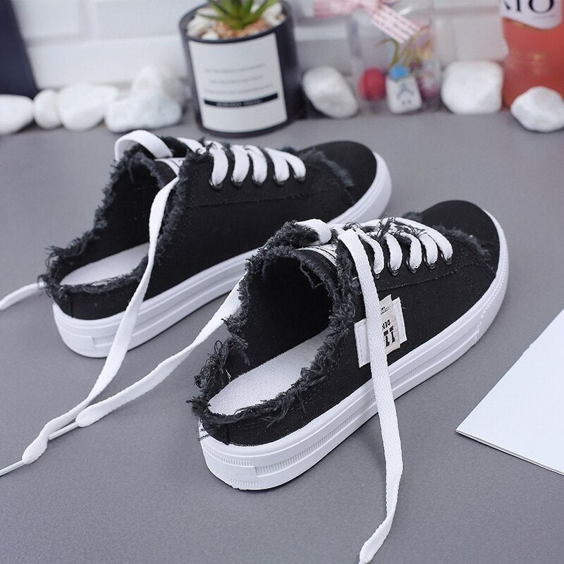 New 2019 Spring Summer Women Canvas Shoes flat sneakers women casual shoes low upper lace up white shoes