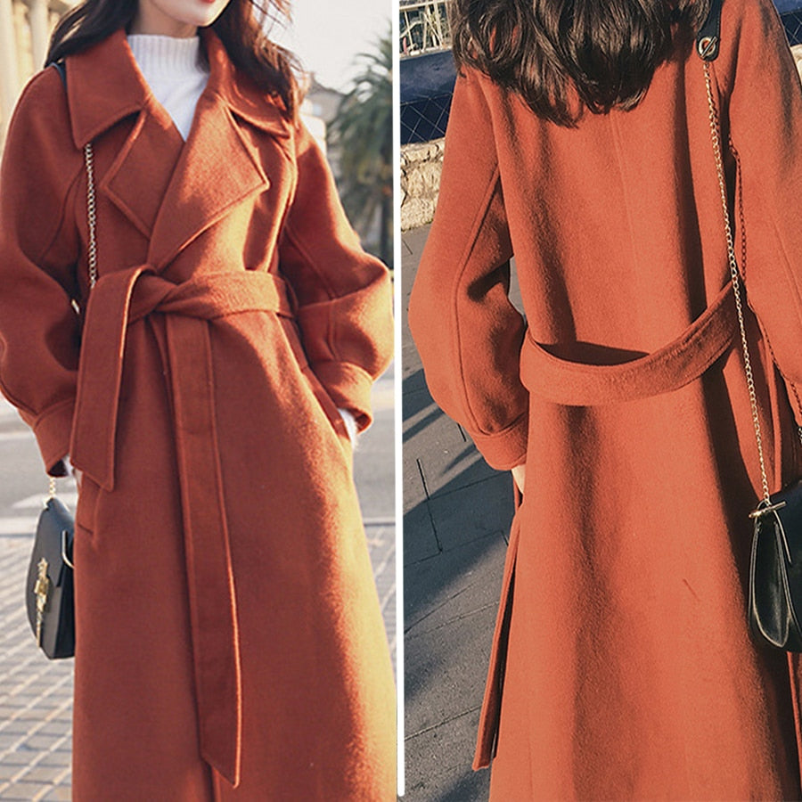 Plus size loose warm wool blends long winter coat turn-down collar adjustable belt wool coats women office work wear elegant