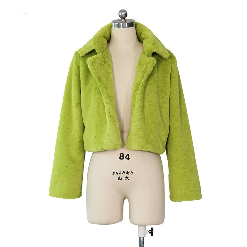 Lime Green Short Faux Fur Coat Winter Neon Fluorescent Warm Cardigan Cropped Jacket Fluffy Teddy Coats