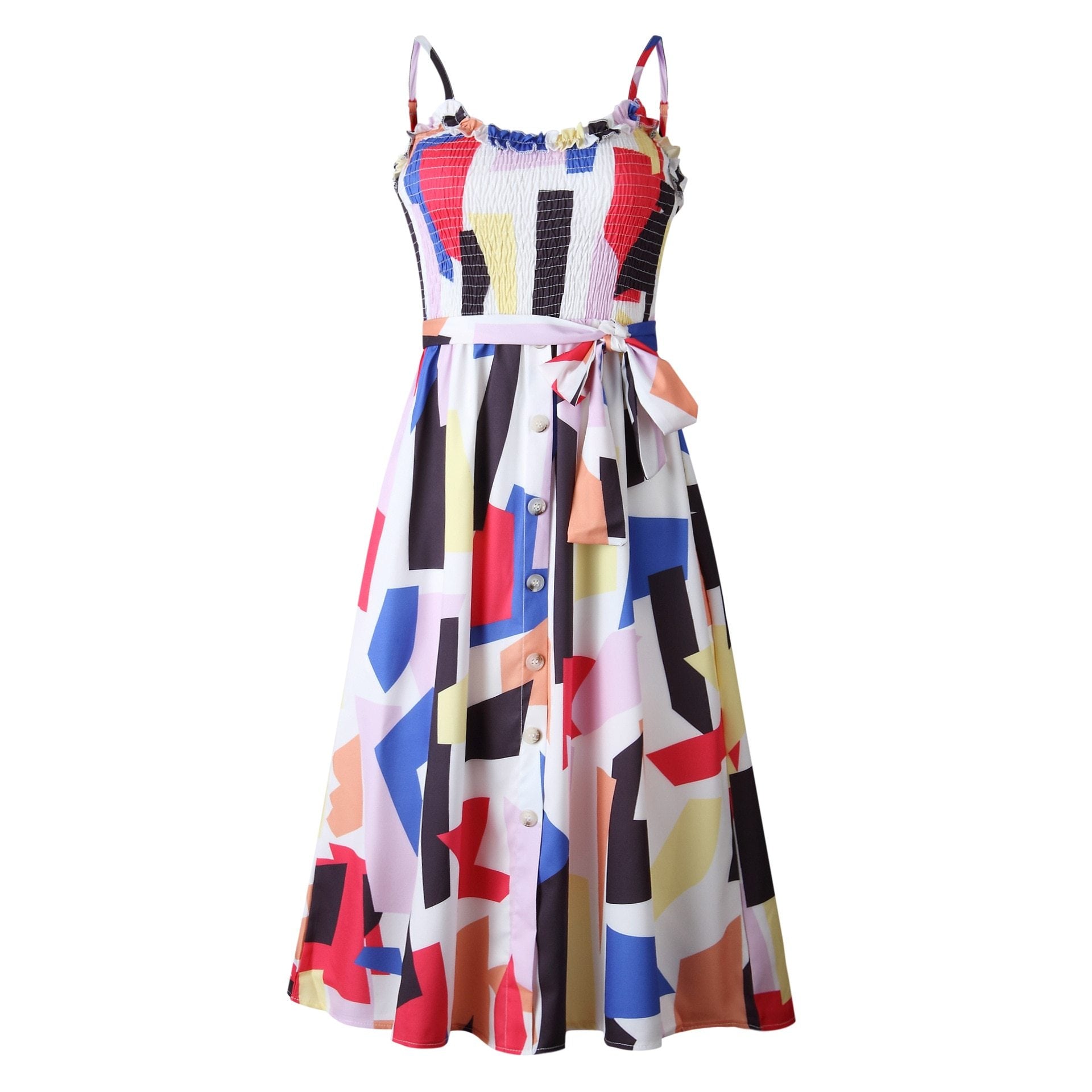 Women Summer Beach Dress Fashion Sling Square Collar Casual Sleeveless Printed Button Female Mid-Calf Dresses