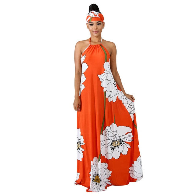 Floral Print Summer Boho Dresses Women Off Shoulder Backless Long Beach Dress Casual Halter Sleeveless Maxi Dress With Headscarf