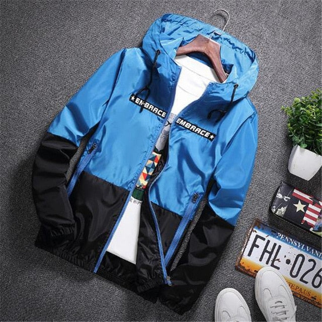 Spring Autumn Bomber Hooded Jacket Men Casual Slim Patchwork Windbreaker Jacket Male Outwear Zipper Thin Coat Brand Clothing