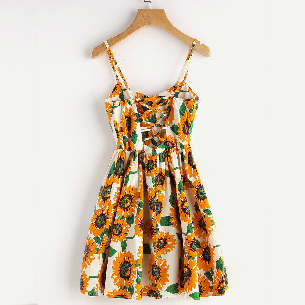 Home&Nest Summer Women's Sleeveless Dress Ladies Sunflower Print Everything Mini Elegant Dress Vestidos Beach Dresses Helianthus