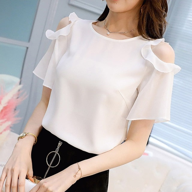 Summer Ladies Causal Off Shoulder Ruffles Shirts Women's Black/White Chiffon Blouses Women O-neck Short Sleeve Solid Tops