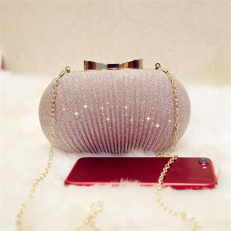 Golden Evening Clutch Bag Women Bags Wedding Shiny Handbags Bridal Metal Bow Clutches Bag Chain Shoulder Bag