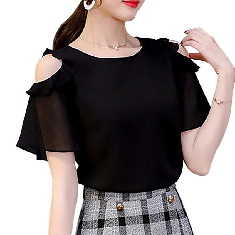 Summer Ladies Causal Off Shoulder Ruffles Shirts Women's Black/White Chiffon Blouses Women O-neck Short Sleeve Solid Tops