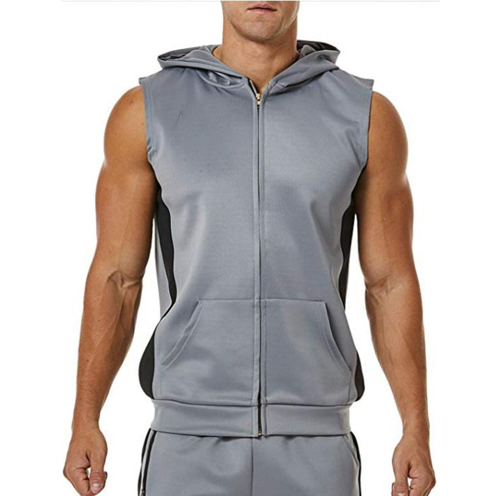 Men Zipper Splicing Sports Hooded Vest bodybuilding golds gym clothing musculation singlet fitness clothing