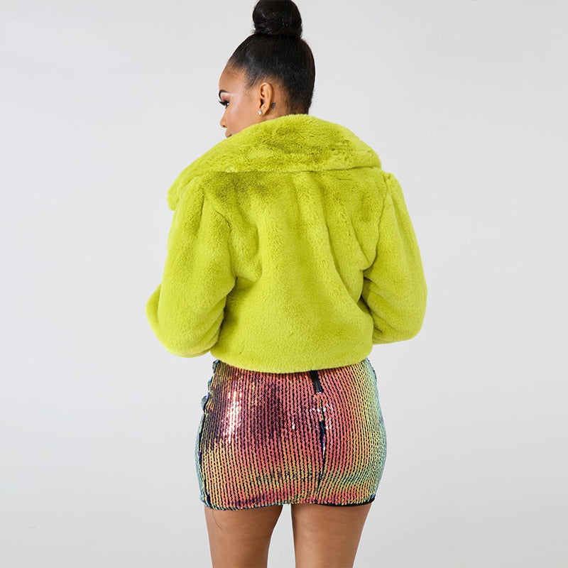 Lime Green Short Faux Fur Coat Winter Neon Fluorescent Warm Cardigan Cropped Jacket Fluffy Teddy Coats