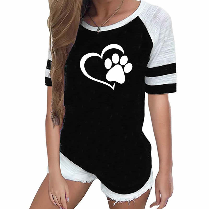 2019  Fashion Love Dog Paw Print Top Shirt Women Plus Size Raglan Pink T-shirt  Tumblr Cropped Cute