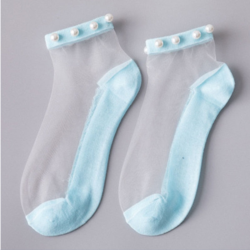 1 Pair of Summer Thin Pearl Transparent Glass Fiber Women's Socks Popular in Spring and Summer Korean Cotton Women's Socks