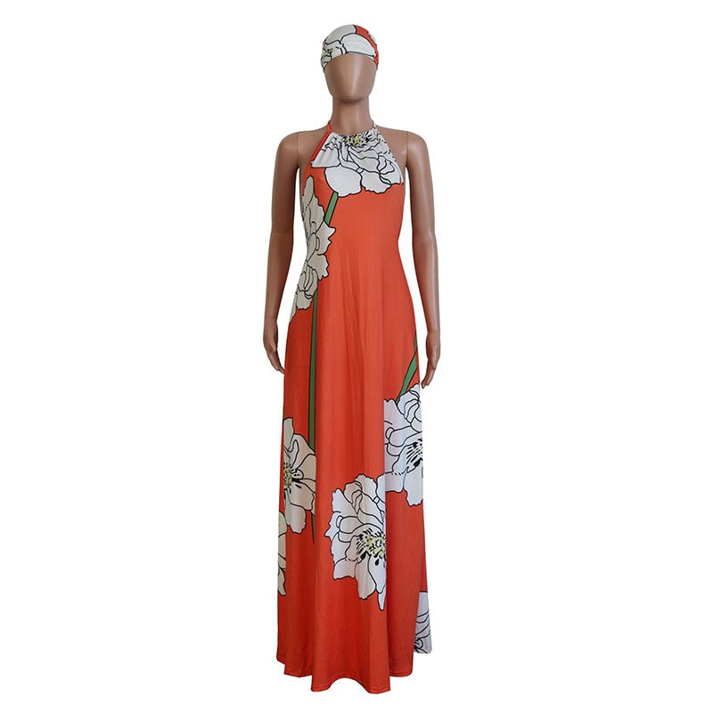 Floral Print Summer Boho Dresses Women Off Shoulder Backless Long Beach Dress Casual Halter Sleeveless Maxi Dress With Headscarf